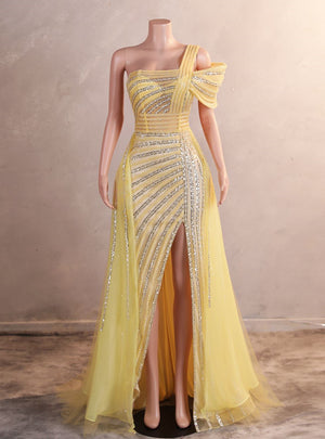 Yellow Tulle One Shoulder Beading Sequins Prom Dress