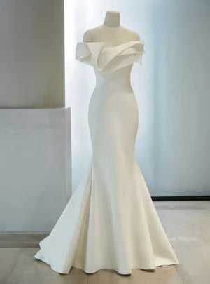 White Mermaid Pleats Wedding Dress
