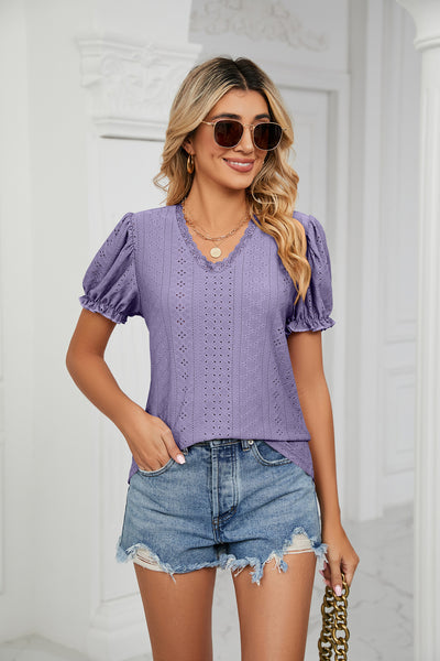Lace Stitching Hollow V-neck T-shirt