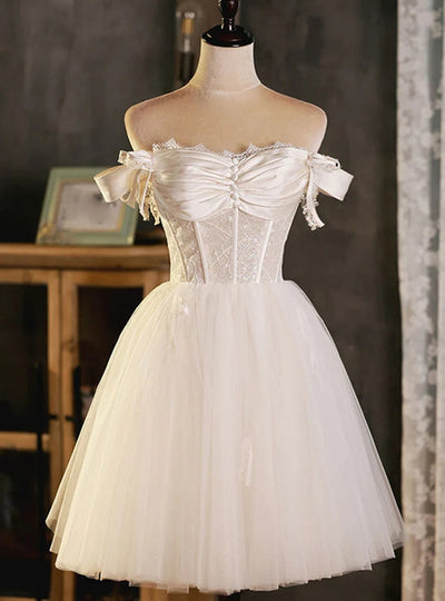 White Tulle Button Pleats Homecoming Dress