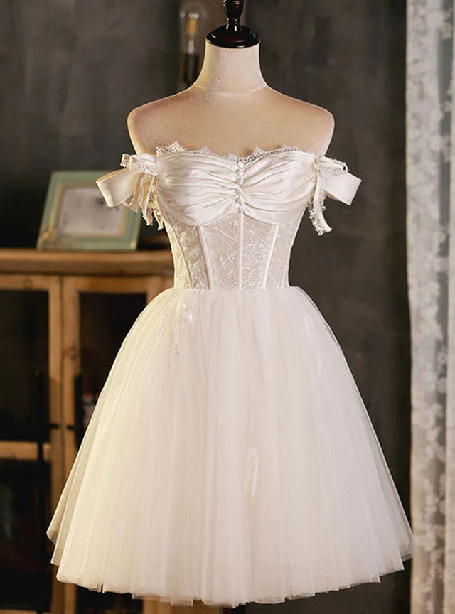 White Tulle Button Pleats Homecoming Dress