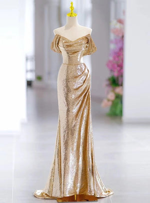 Gold Mermaid Sequins Pleats Prom Dress