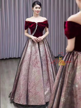 Burgundy Velvet Pleats Pearls Prom Dress