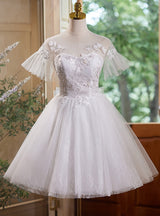 White Tulle Lace Appliques Short Sleeve Homecoming Dress