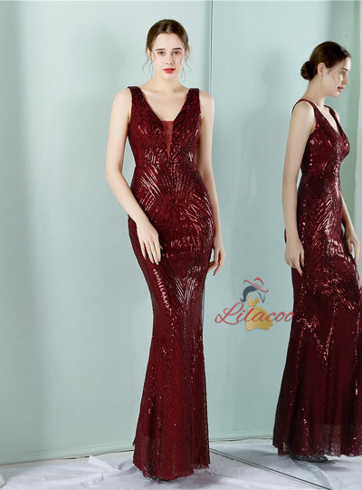 V-neck Mermaid Sequins Sleeveless Prom Dress