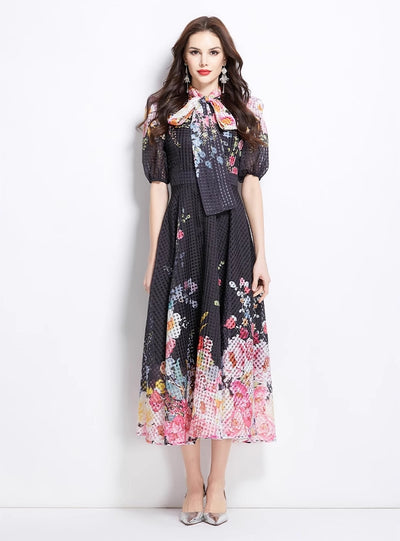 Bow Bubble Sleeve Long Printed Dress