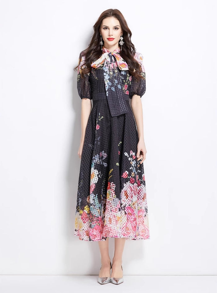 Bow Bubble Sleeve Long Printed Dress