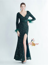 V-neck Long Sleeve Sequins Prom Dress