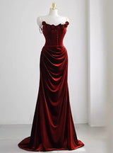 Burgundy Velvet Rose Flower Prom Dress