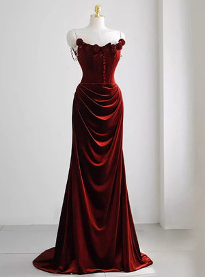 Burgundy Velvet Rose Flower Prom Dress