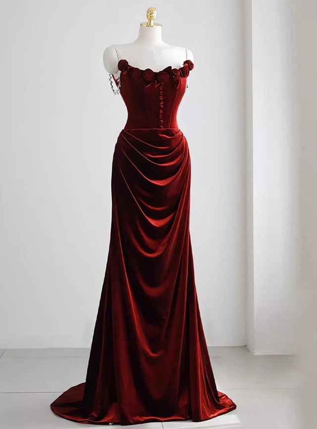 Burgundy Velvet Rose Flower Prom Dress