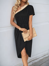 Irregular Color Matching One Shoulder Dress