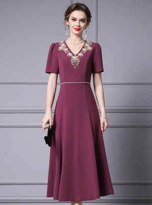 Burgundy Short Sleeve Beading Mother Of The Bride Dress