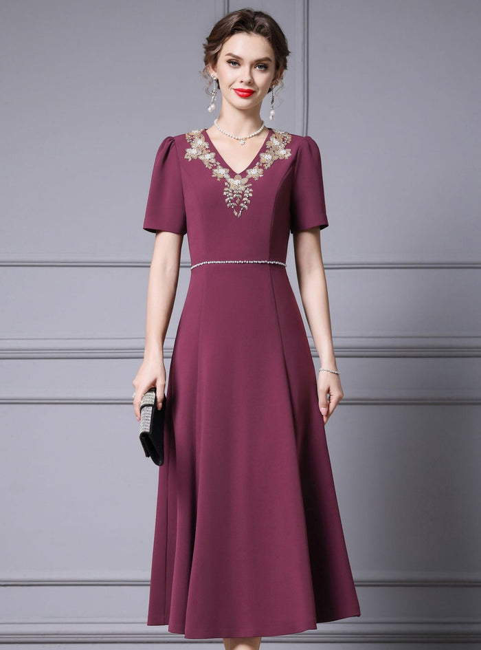 Burgundy Short Sleeve Beading Mother Of The Bride Dress
