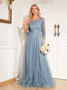 Blue Tulle Lace Long Sleeve Prom Dress