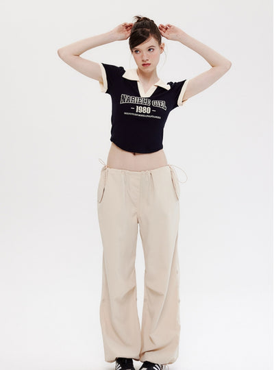 Letter Short Polo Neck Short Sleeve T-shirt