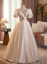 Champagne Satin Short Sleeve Backless Prom Dress