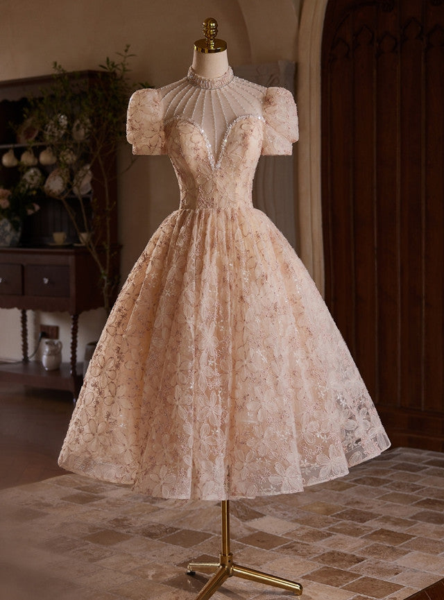 Champagne Lace Beading Prom Dress