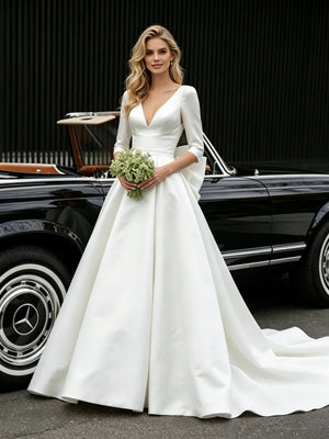 White Satin V-neck Short Sleeve Wedding Dress