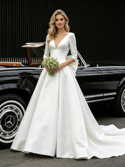 White Satin V-neck Short Sleeve Wedding Dress