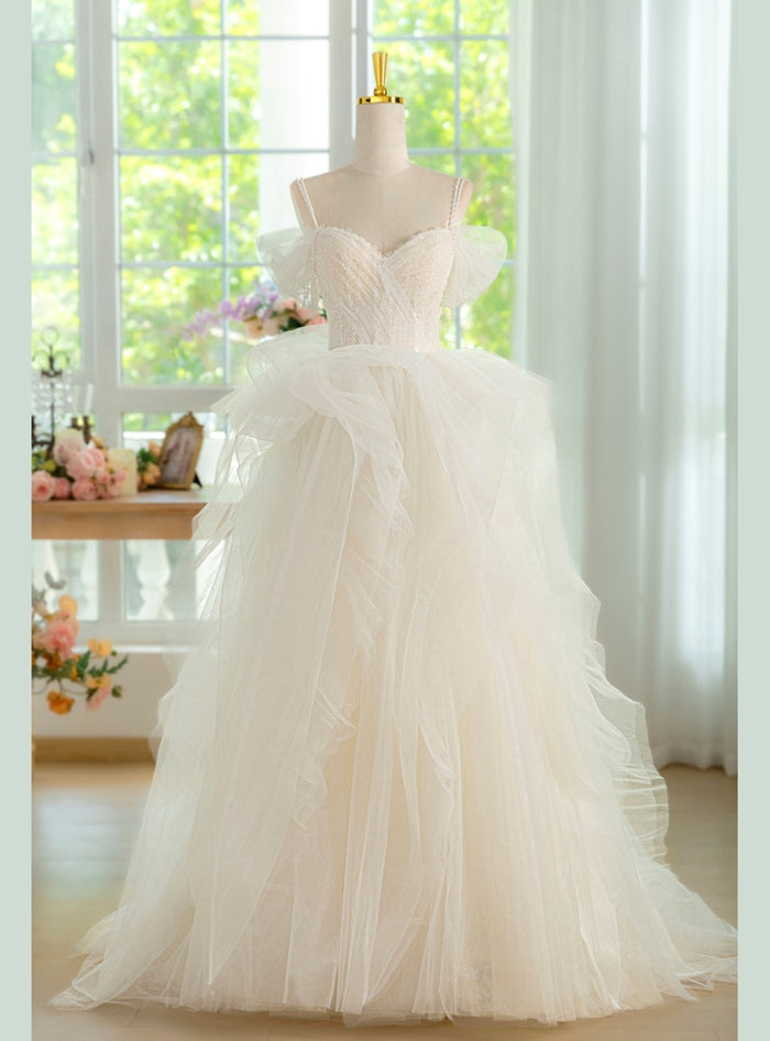 White Tulle Straps Pleats Beading Wedding Dress