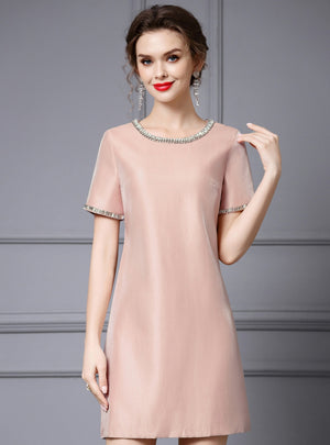 Pink Short Sleeve Crystal Mother Of The Bride Dress