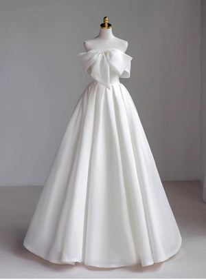 A-Line White Strapless Bow Wedding Dress