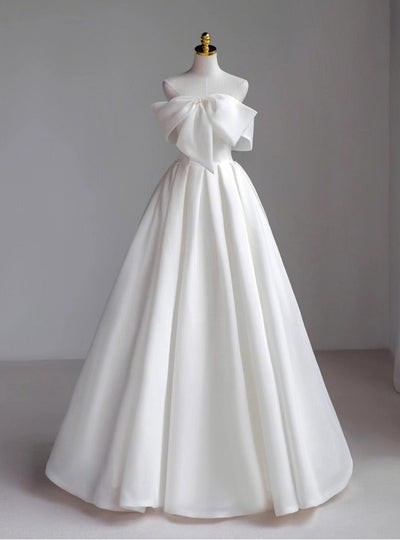 A-Line White Strapless Bow Wedding Dress