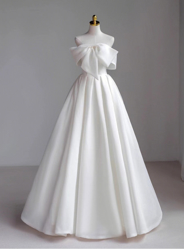 A-Line White Strapless Bow Wedding Dress
