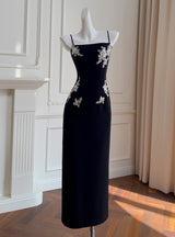 Black Straps Appliques Beading Prom Dress