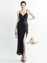 Spaghetti Straps Sequins Split Prom Dress