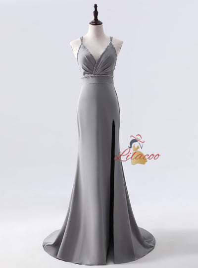 Burgundy Mermaid V-neck Beading Prom Dress