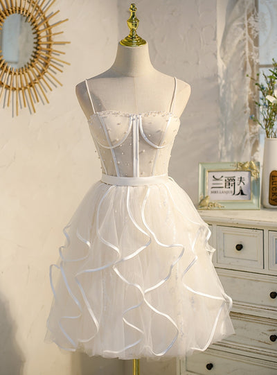 Tulle Spaghetti Straps Pearls Homecoming Dress