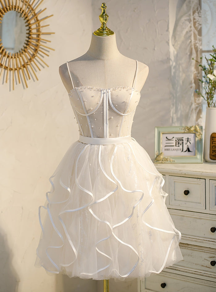 Tulle Spaghetti Straps Pearls Homecoming Dress