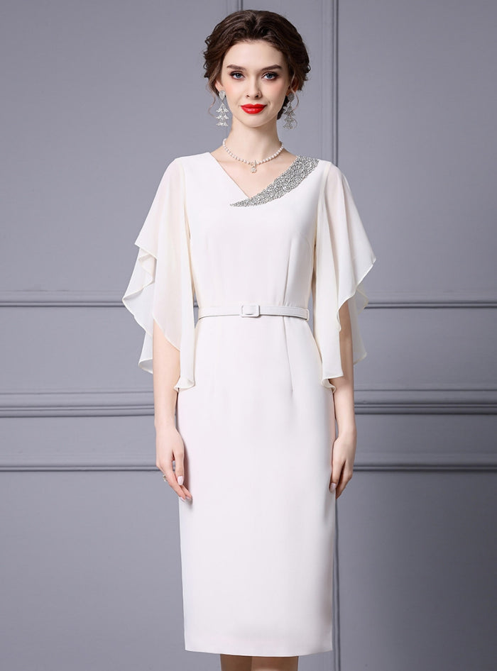 White V-neck Beading Mother Of The Bride Dress With Belt