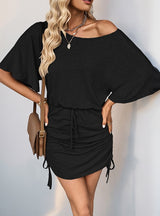 Pleated Bat Sleeve Solid Color Dress