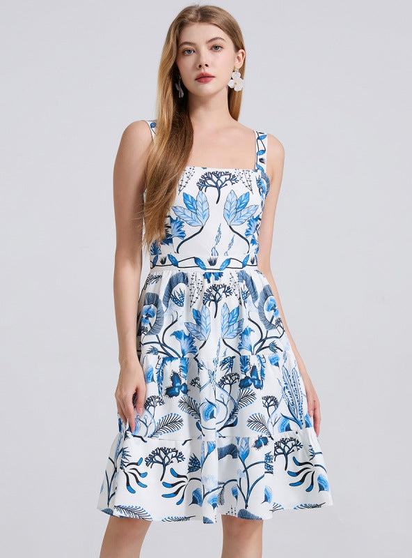 Blue Printed Suspender Dress