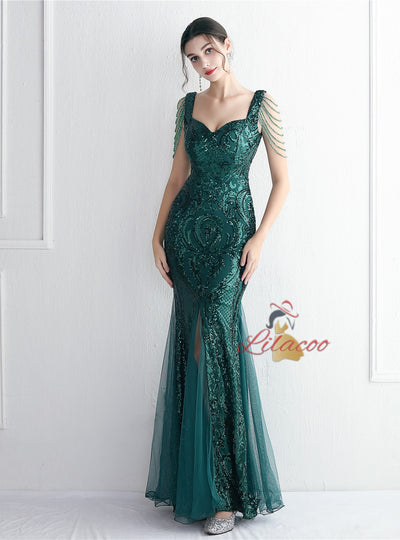 Sequins Mermaid Straps Beading Prom Dress
