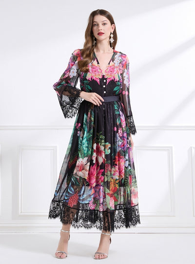 V-neck Lace Printing Dress Three-piece Suit