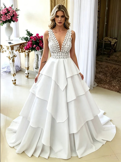 White V-neck Lace Tiers Wedding Dress