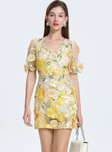 Seaside Flower V-neck Bubble Sleeve Dress
