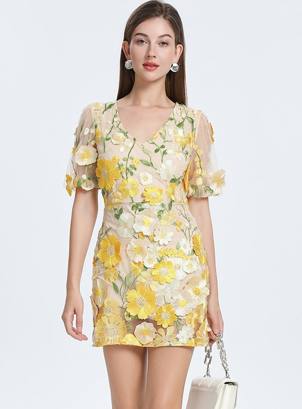 Seaside Flower V-neck Bubble Sleeve Dress