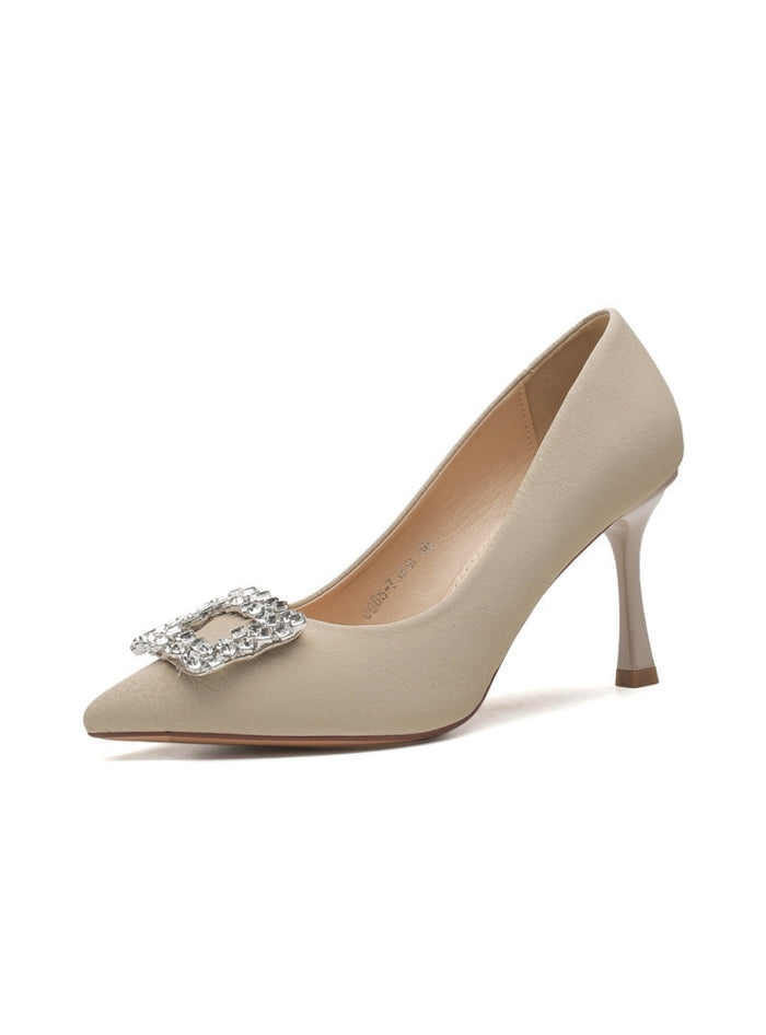 Square Buckle Rhinestone Pointed High Heels Shoes