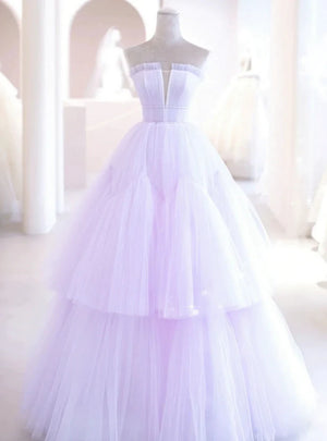 Light Purple Tulle Pleats Beading Prom Dress