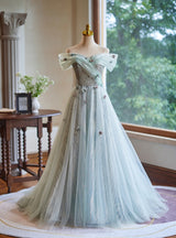 Green Tulle Sequins Off the Shoulder Flower Prom Dress