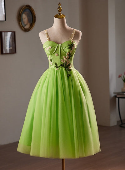 Green Straps Tulle Appliques Homecoming Dress