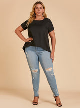 Round Neck Short Sleeve Solid Color Loose Top