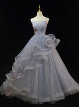Gray Tulle Straps Pleats Pearls Prom Dress