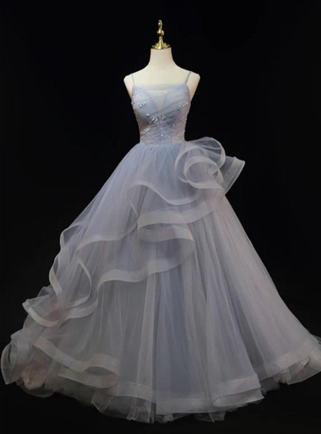 Gray Tulle Straps Pleats Pearls Prom Dress