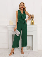 Sleeveless V-neck Lotus Leaf Pleated Jumpsuit